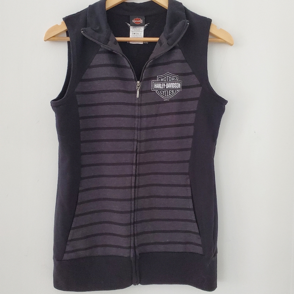 HARLEY-DAVIDSON S Black Gray Striped Full Zip Knit Vest Logos Pockets Biker Moto